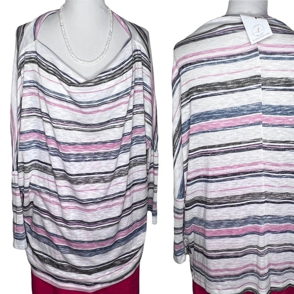 Oddy Pink Gray White Multi Stripe Relaxed Fit 3/4 Sleeve Top 2XL NWT Lightweight - Picture 3 of 11
